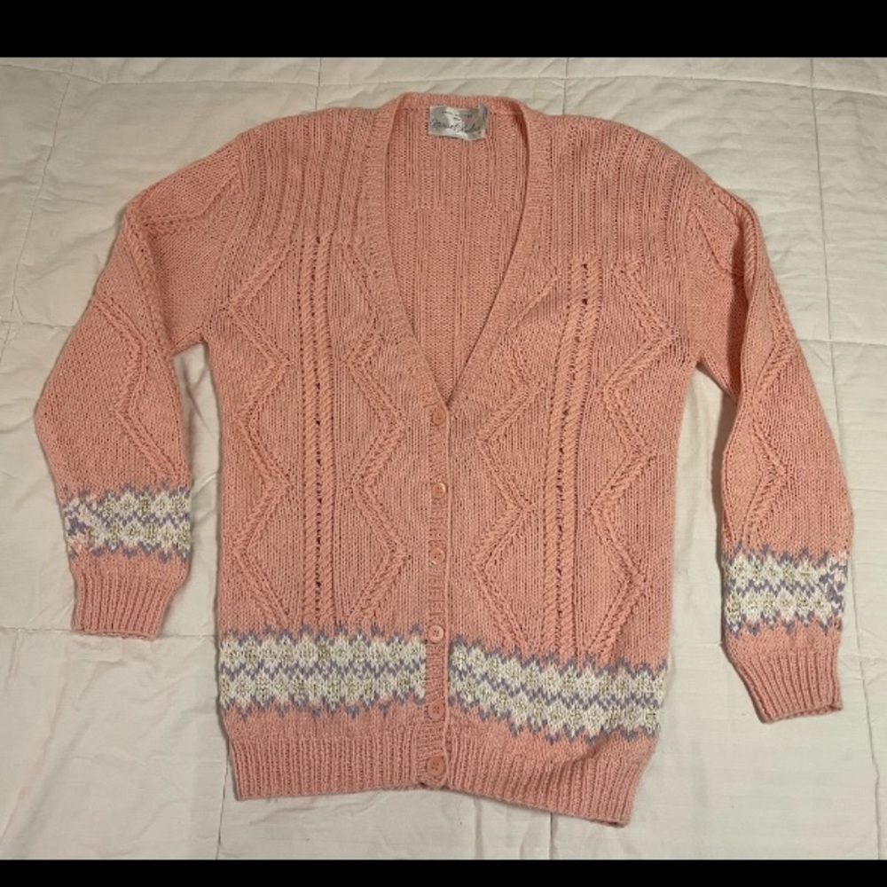 Vintage Marisa Christina Classics Pink Hand Knitted Argyle Cardigan Women Small